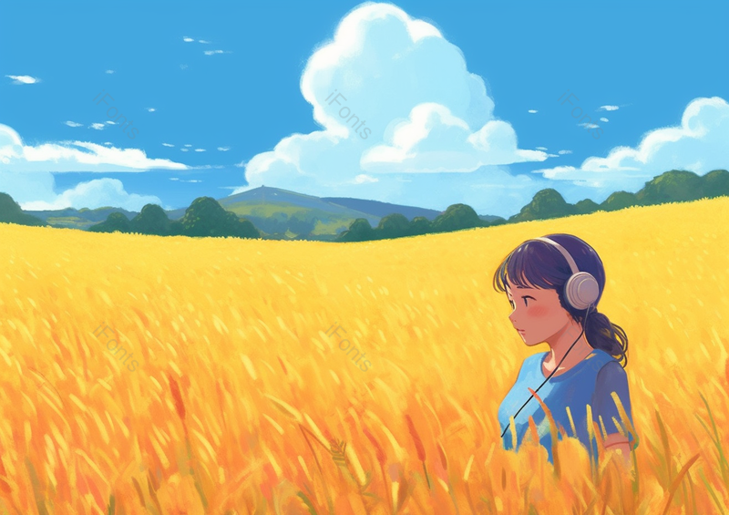 在成熟的麦田里听音乐的小女孩插画背景,插画/手绘图,插画/手绘图库,插画/手绘图下载,插画/手绘